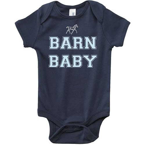 Equestrian Creations Barn Baby Horse Onesie, Navy Blue with Light Blue Lettering for Infant Boys - Pony Lover Bodysuit Gift