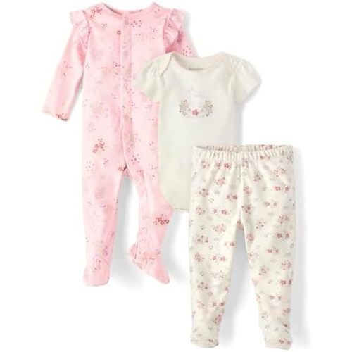 The Children's Place Unisex Baby And Newborn 100% Cotton Take Me Home 3-piece Long, Short Sleeve Bodysuit, and Pant
