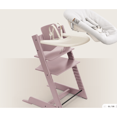 Stokke Tripp Trapp, Mauve with Mauve Harness, Vanilla Tray, Grey Cushion and Vanilla Set