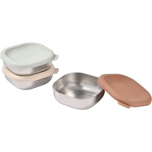 BEABA Microwave Safe Stainless Steel Baby Bowls with Lid, Set of 3, Nautral