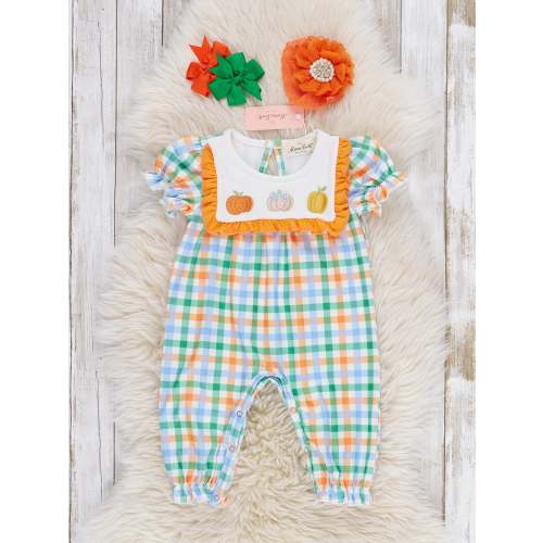 Pumpkin Playtime Embroidered Plaid Romper