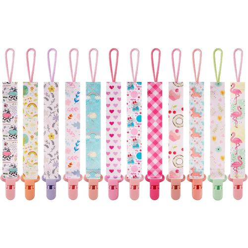 12 Pack Pacifier Clips with Strap 25.5cm - Premium Polyester Baby Pacifier Holder Set, Multi-Design Clips for Girls Boys（Multi Color B）