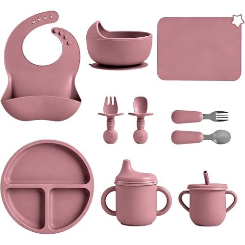 Silicone Baby Feeding Set 10 Pcs, Baby feeding essentials | Include Suction Plate, Bowl, Bib, Placemat, Silicone spoon&forks, Stainless Spoons&forks, straw cup and sippy cup (Pink)