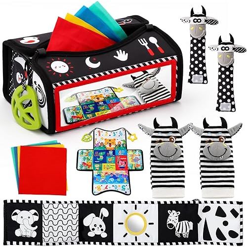 TOY Life High Contrast Baby Toys 0-6 Months - Black & White Newborn Tummy Time Sensory Toys Set with Soft Montessori Visual Stimulation Infant Book, Boy Girl Shower Gift, Easter Basket Stuffers