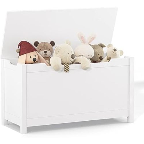 Kids Wooden Toy Chest with Safety Hinged Lid, 2.7 Cubic Feet Large Toy Box Storage Bench, Sturdy Toy Box for Living Room Bedroom, Suitable for Ages 3+ (White, MDF)