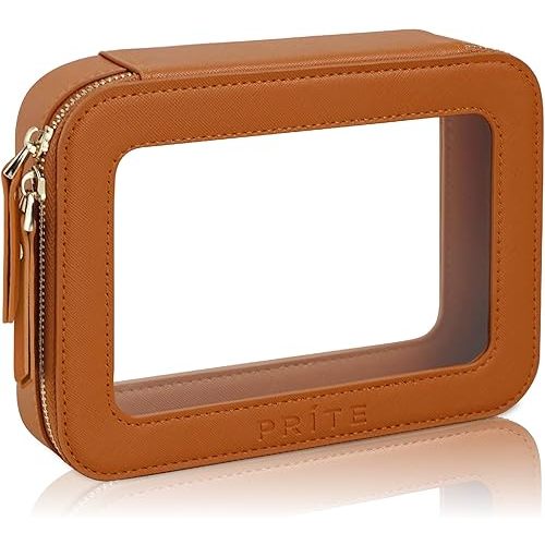 Prite Clear Makeup Bag Cosmetic Organizer Case Waterproof Travel Toiletry Bag Skincare Pouch with Golden Zipper(Brown)