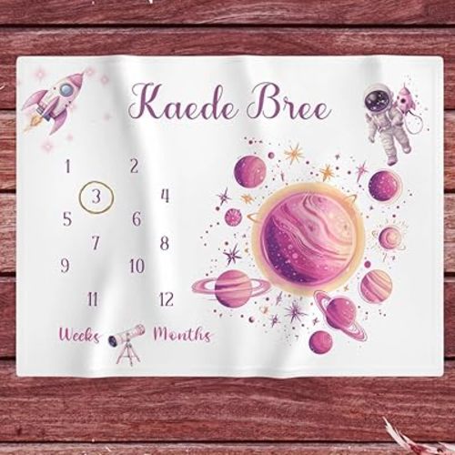 Custom Pink Galaxy Baby Girl Milestone Blanket, Space Theme Monthly Growth Blanket with Planets, Astronaut and Rocket, Cosmic Moon Baby Photo Prop, Perfect Babies Shower Gift, Soft Fleece Material