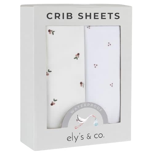 Ely's & Co. Patent Pending Waterproof Crib Sheets, 100% Cotton with Waterproof Lining - Built in Mattress Protector, 2 Pack Fitted Crib Sheet Set, Berry and Cluster Dot (Lavender) 28” x 52”