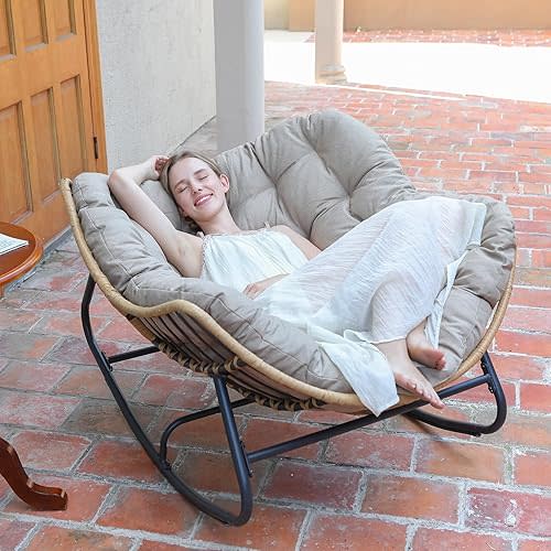 SWITTE Outdoor Rocking Chair, Oversized Patio Papasan Rocker, Comfy Wicker Reading Lounge, Indoor Egg Chair for Bedroom, Living Room, Porch, Garden, Lawn-Cream