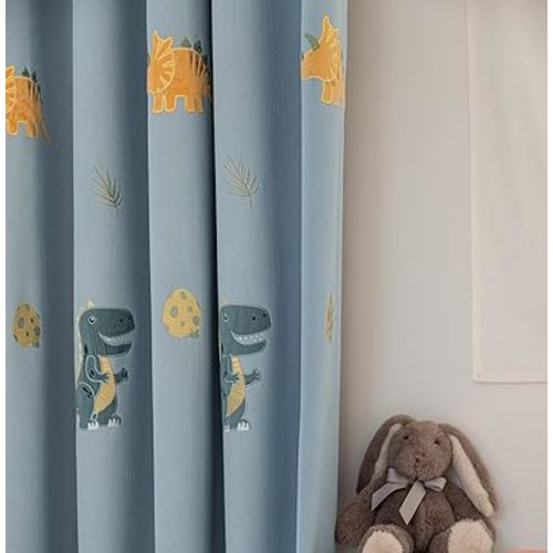 Cartoon Dinosaur Kids Curtains with Blackout Liner Embroidery Nursery Curtains for Children Boys Baby Bedroom Living Room Grommet Top Room Darkening Window Drapes 1 Panel (Blue,W52 x L84 Inch)
