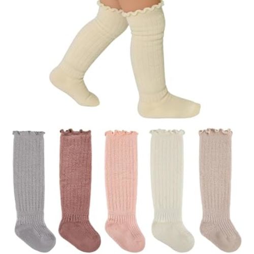 5 Pack Baby Girl Knee High Socks Ribbed,Cotton Ruffle Long Tube Stockings,Infant Toddler Uniform Socks