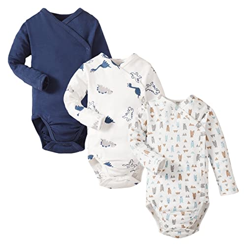 DEFAHN Baby Side Snap Bodysuit Kimono Onsies Newborn Boy Girl 3-Pack 100% Cotton Basic Pattern Kimono Bodysuits
