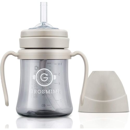 GROSMIMI PPSU Baby Straw Cup Stage 1, 6M+, Spill-Proof, 6oz (Beige)