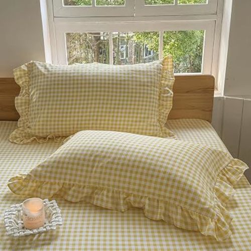 NSNLGSGC Ruffled Plaid Gingham Pillow Shams, Yellow, 20"x26", Set of 2