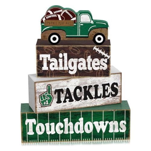 4 Pcs Football Table Decorations Football Tiered Tray Decor Rustic Wooden Block Signs Farmhouse Tabletop Centerpieces for Bedroom Shelf Desk Party Decor and Coach Gifts
