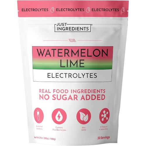 JUST INGREDIENTS Watermelon Lime Electrolyte Powder, 30 Servings, 5 Key Electrolytes with Organic Coconut Water, Supports Everyday Hydration, Flavored with Real Fruit, No Sugar Added, Non-GMO
