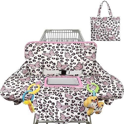 Shopping Cart Cover for Baby 2-in-1 High Chair Cover with Safety Harness Multifunctional Pink Butterfly Leopard Cart Covers for Babies Soft Padded Grocery Cart Cover for Baby Boy Girl