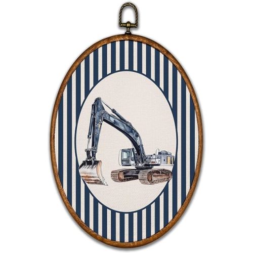 BCUANGD Vintage Excavator Oval Wall Art Decor - Retro Striped Vehicle Nursery Wall Art Canvas Frame Artwork Prints, Kids Transport Oval Wall Hanging Decorations for Home Bedroom, 8.6"x11.4"