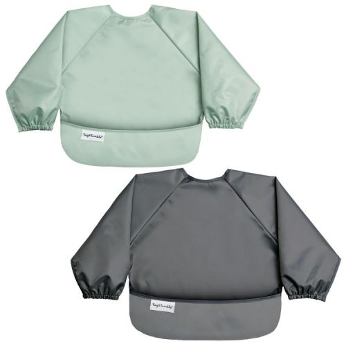 Tiny Twinkle Mess-Proof/Waterproof 2-Pack Long-Sleeve Baby Bib, Machine Washable Smock for Eating (Sage Charcoal, Small 6-24 Months)