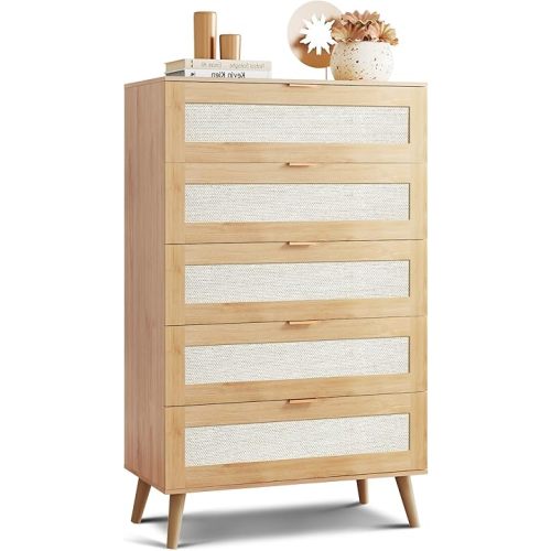 WLIVE Rattan Dresser for Bedroom, 50" Tall 5 Drawer Wooden Chest of Drawers, Boho Dresser Closet Storage Organizer for Living Room, Hallway, Light Oak