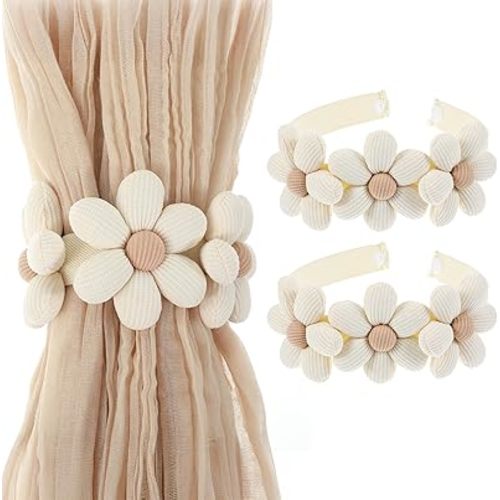 2 Pcs Curtain Holdbacks Sunflower Curtain Tiebacks Daisy Holdbacks Three Flower Cute Flower Curtains Ties Decorative Tiebacks Boho for Bedroom Window Treatment in Beige Cream Style