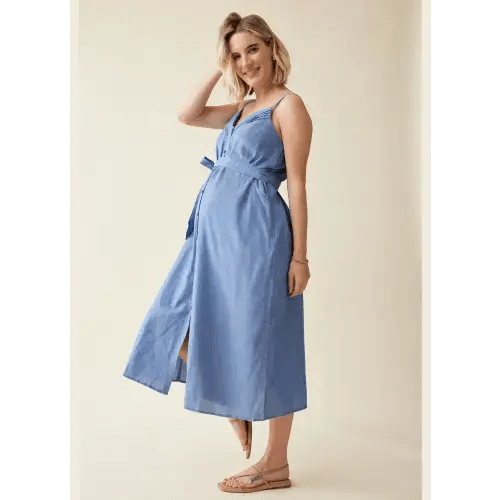 The Chambray Button Front Maternity Midi Dress