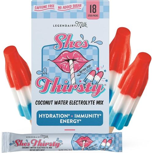 Legendairy Milk She’s Thirsty – Retro Pop, Hydration Packets | Cortisol Supplement for Stress Relief & Adrenal Support | Coconut Water Electrolytes Powder, No Sugar Added 18 ct