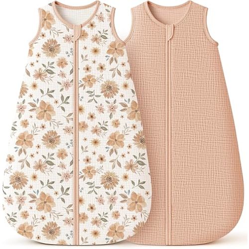 Konssy Muslin Baby Sleep Sack 6-12 Months 0.8 TOG, 2 Pack 100% Cotton Wearable Blanket for Babies, 2-Way Zipper Breathable Sleeping Sack Infant Toddler Essentials for Girls and Boys (Flourish, Toffee)