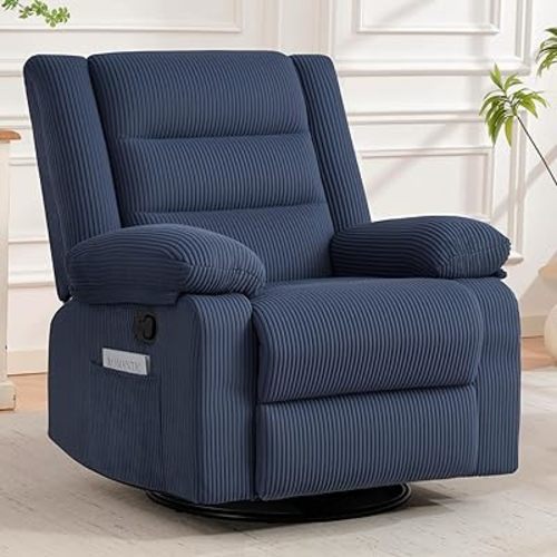 360° Swivel Rocker Recliner Chair for Adults, Manual Reclining Chair with Comfortable Arms and Back, Upholstered Glider Rocking with Side Pockets for Living Room, Bedroom, Corduroy, Blue