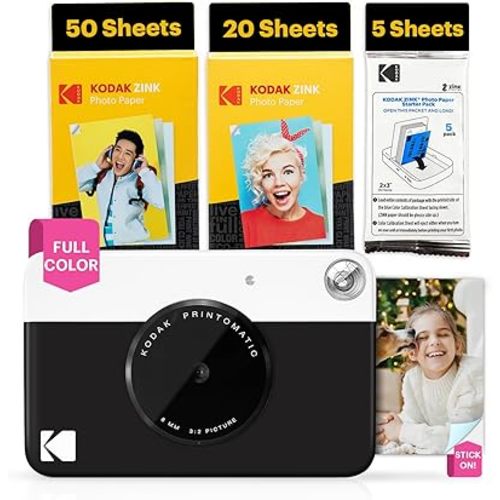Kodak Printomatic Full-Color Instant Print Digital Camera - 75 Sheets Bundle - Prints On Zink 2x3 Sticky-Back Photo Paper - 5MP, Portable, Creative Fun Gift for Birthday, Christmas, Holiday - Black