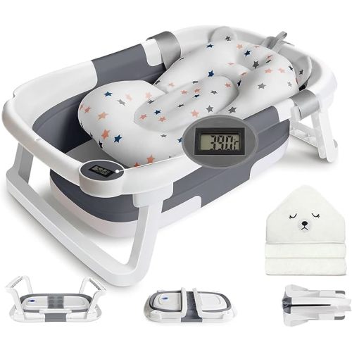 Collapsible Baby Bathtub for Infants to Toddler, Portable Travel Bathtub Multifunctional Bathtub with Drain Hole, Baby Folding Bathtub for Newborn 0-36 Month (grey+Floating Baby Bath Cushion)