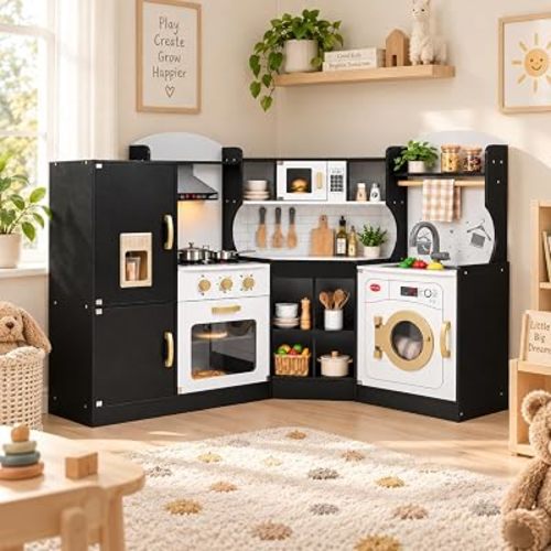 HONEY JOY Corner Kids Kitchen Playset, Ultimate Wooden Play Kitchen for Toddlers, Washing Machine, Ice Maker, Sink, Microwave, Little Chef Pretend Play Toy Kitchen Set, Gift for Boys Girls, Black