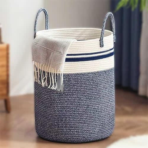 Woven Laundry Basket Hamper,60L Versatile Storage for Blankets,Toys and Clothes,Decorative and Storage for Living Room,Bathroom and Bedroom and Baby Nursery（Large-Blue）