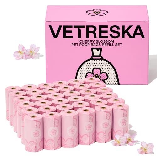 VETRESKA Cherry Blossom Scented Dog Poop Bags, Leak Proof, Extra Thick and Large Pet Waste Bags for Dogs Walking and Cat Litter, 36 Refill Rolls, 540 Poop Bags, Pink