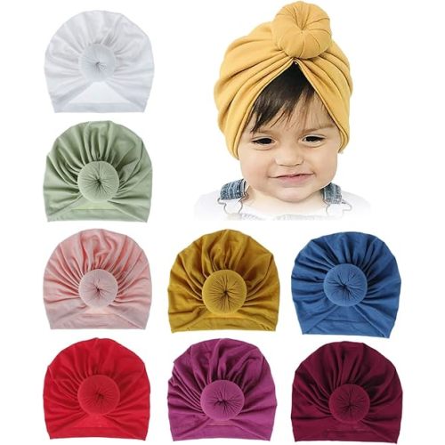 inSowni 8 Pack Solid Nursery Hospital Ball Donut Turban Hat Cap Beanie Bonnet for Baby Girls Toddlers Newborns Infants