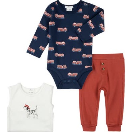 Fire Truck Print 3-Piece Bodysuits & Rib Joggers Set, 3M