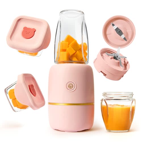 Bubble Blender, Baby Food Maker & Puree Blender with 2 Borosilicate Glass Cups, Compact Baby Bullet for Smoothies, Hands-Free One-Touch, 200W Motor, Rose