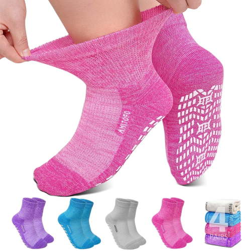 UNEEI Non-Slip Bamboo Viscose Diabetic Socks for Men and Women, 4 Pair Extra Wide Calf Gripper Socks, Seamless Toe for Ultimate Comfort, Size 9-11