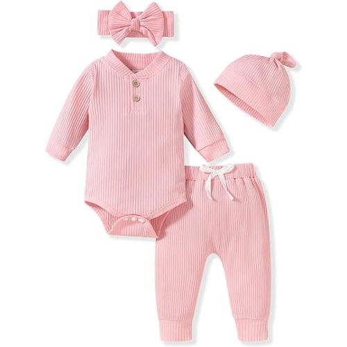 Aalizzwell Gender Neutral Long Sleeve Baby Ribbed Outfit with Hat & Headband