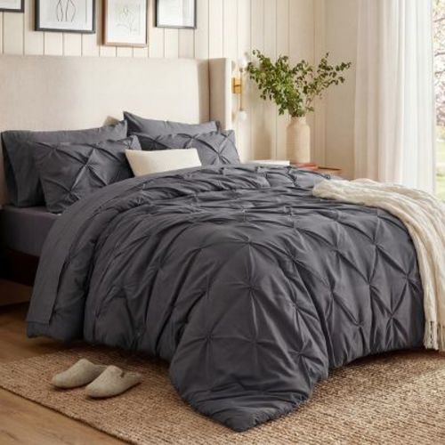 Bedsure Bed in a Bag Comforter Set with Sheets, 7pcs Solid Diamond Pintuck All-Season Bedding, Soft Dark Grey Queen Bedding Set, Gift for Family