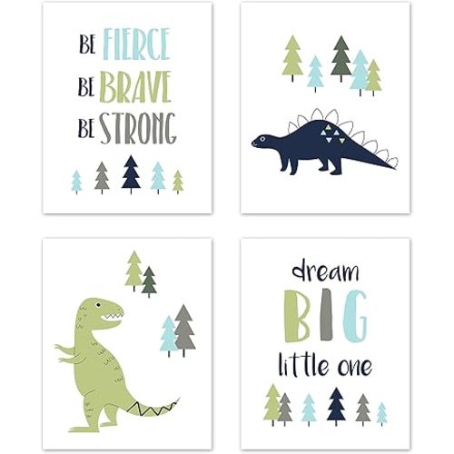 Sweet Jojo Designs Blue and Green Dream Big Dino Wall Art Prints Room Decor for Baby, Nursery, and Kids for Mod Dinosaur Collection - Set of 4