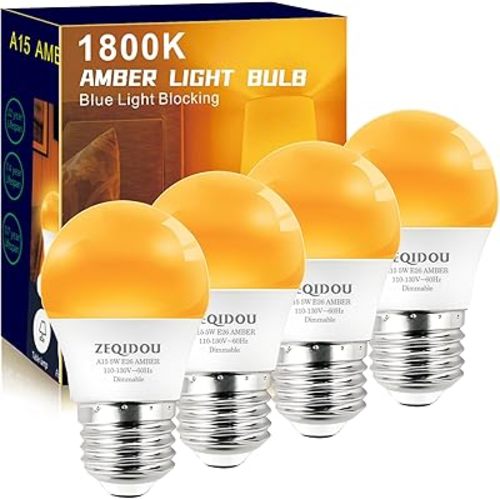 Amber Sleep Light Bulbs Dimmable, Blue Light Blocking, A15 E26 5W(40 Watt Equivalent) Dim Light Bulbs,1800K Warm Light Bulbs for Healthy Sleep, Bedroom, Kids Room, 4-Pack