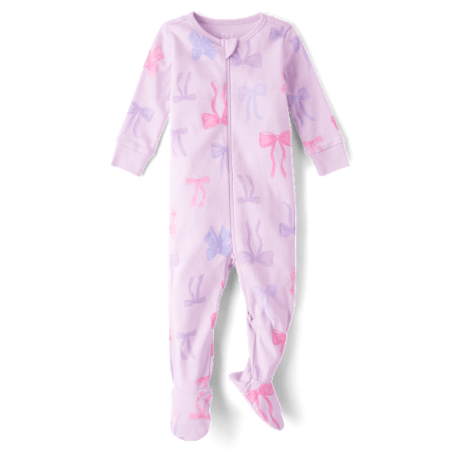 Baby And Toddler Girls Bow Snug Fit Cotton Footed One Piece Pajamas - Purple