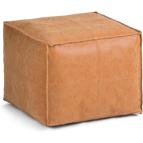 SIMPLIHOME Brody Square Pouf - 18 inch Wide Upholstered Vegan Leather Ottoman in Distressed Brown, Boho Footstool, Coffee Table or Extra Seating for Living Room or Bedroom, Assembled