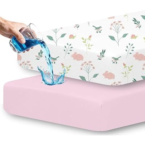 Little Grape Land Waterproof Crib Sheets for Boys Girls, Soft and Breathable Waterproof Baby Crib Sheets 52"x28", Crib Mattress Sheets Neutral for Standard Crib and Toddler Bed Mattress (Bunny)