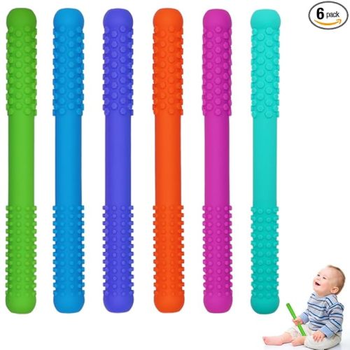 Hollow Teething Tubes Toys for Babies Girls Boys, 6 Pack Silicone Baby Teether Toy Tube for Infants with Nursing Biting Chewing, Chew Straws for Toddlers 6-12 Months (Style A)