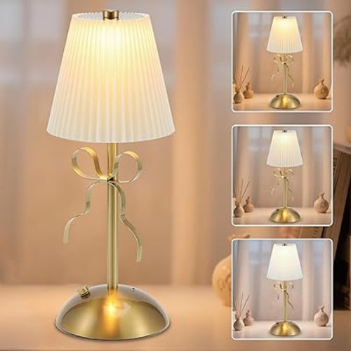 Cordless Table Lamp,Small Gold Bow Night Light,LED Rechargeable Reading Lights,3 Color Stepless Dimmable Touch Control Bedside Lamps,Bedroom Living Room Bar Desk Lamps Home Decor Ambient Lighting