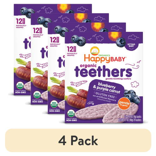 (4 pack) Happy Baby Organics Teethers Blueberry & Purple Carrot Gentle Teething Wafers, Gluten Free, 12 Count 2-Packs