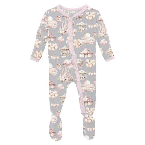 Print Layette Ruffle Footie with 2 Way Zipper in Dove Princess Dreams