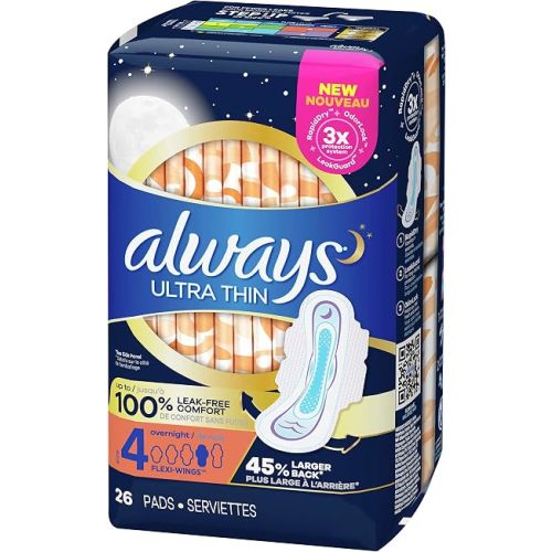 Always Ultra Thin Feminine Pads for Women with Wings, Size 4, Overnight Absorbency, Unscented, 28 Count (Pack of 1)